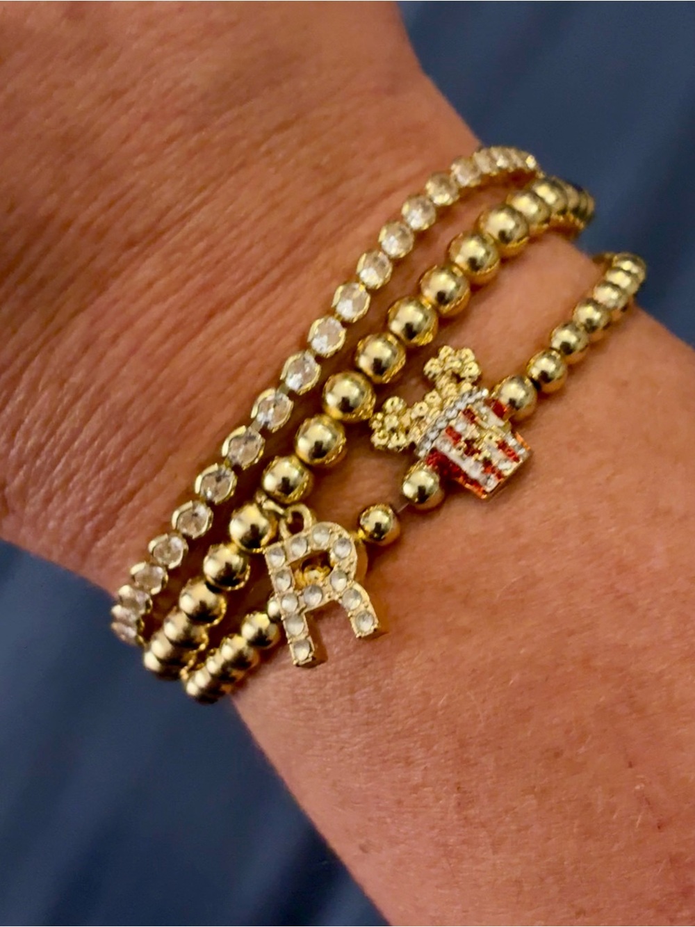 BaubleBar Disney Gold Bracelet Set with Popcorn and Initial Charms